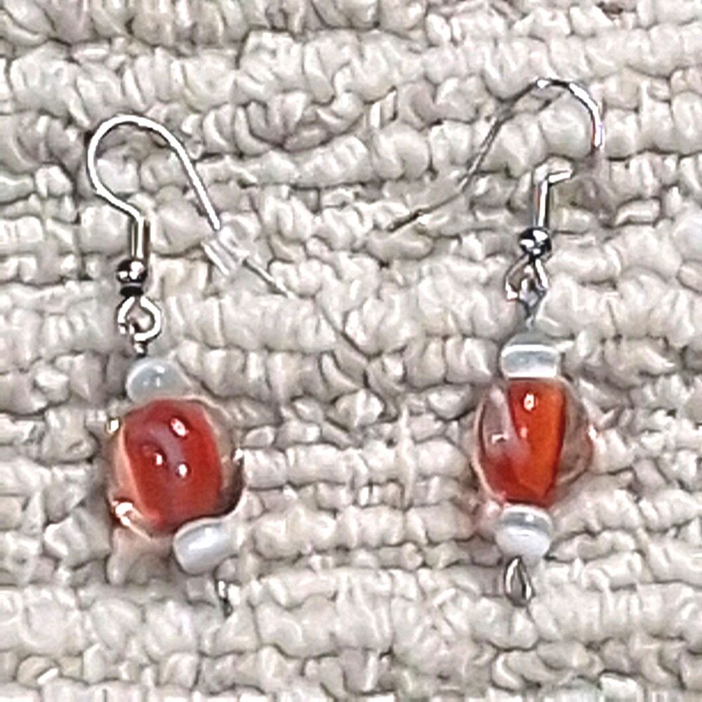 Red Murano Style Swirl Art Glass Bead Drop Earrings Cat Eye Accent Silver Tone